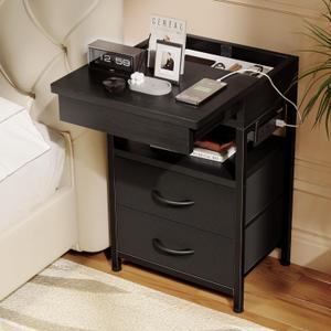 Nightstand Hidden Drawer Charging Table - Night Stand with Charger Station and Sliding Top Storage, Morden Bedside Table with 2 Fabric Drawers, for Dorm Living Room Bedroom, Black