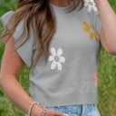 Saodimallsu Womens Summer Ruffle Short Sleeve Sweater Tops Cute Floral Knit Creweck Casual Lightweight Sweaters (Gray, S)