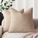 Foindtower Set of 2 Soft Textured Chenille Throw Decorative Pillow Covers Square Accent Solid Cushion Cover Cozy Neutral Farmhouse Pillow Case for Couch Sofa Bedroom Living Room 18x18 Inch,Cream Camel