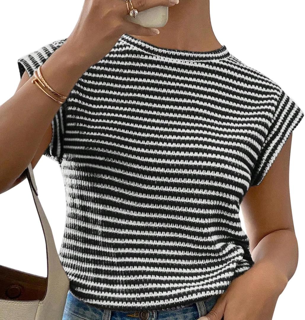 Women's Fashion Vests Crew Neck Striped Knit Short Sleeve Top (Black)