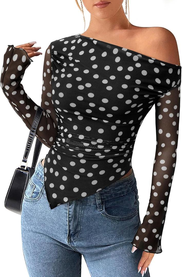 PRETTYGARDEN Womens Fall Trendy Off Shoulder Y2k Tops 2025 Tie Dye Mesh Long Sleeve Shirts Asymmetrical Ruched Floral Blouse (Large, Small Dot Black)