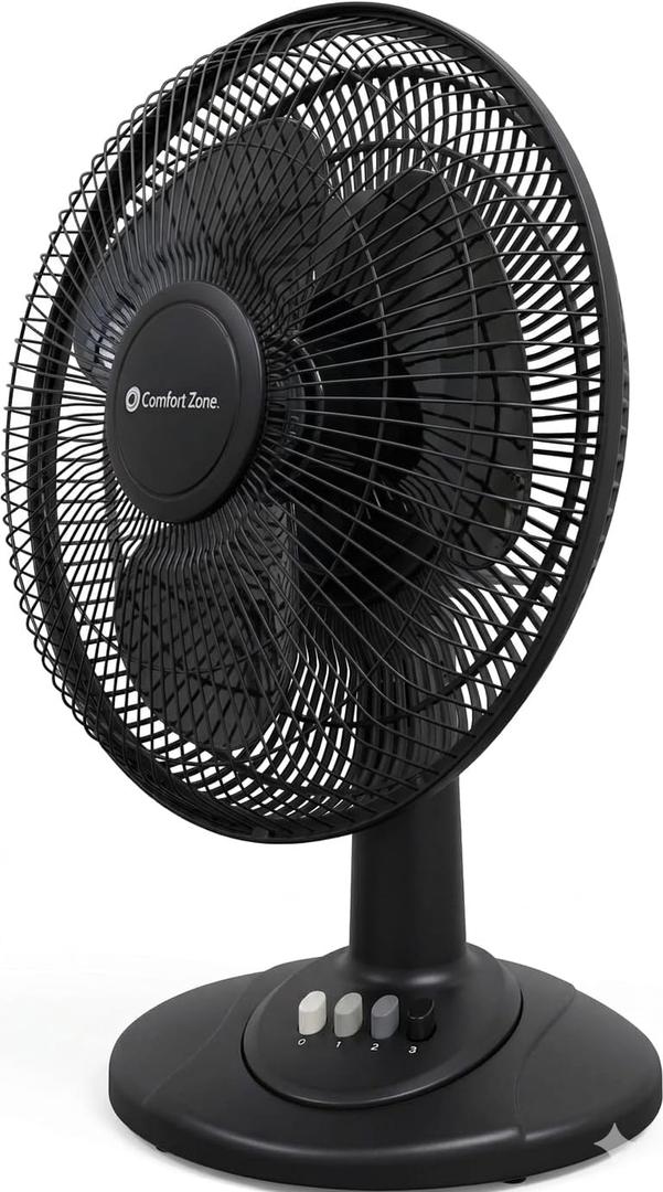 Comfort Zone Oscillating Table Fan with Adjustable Tilt, Convenient Push Button Controls, Quiet, 12 inch, 3 Speed, Desk Fan, Airflow 7.25 ft/sec, Ideal for Home, Bedroom, Dorm & Office, CZ121BK