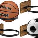 Basketball Holder Wall Mount with Wooden Base, 4 Pcs Ball Storage Holder for Football Basketball Soccer Rugby Display Rack - Boys Sports Accessories Organizer (Carbon Brown-4 Pack)