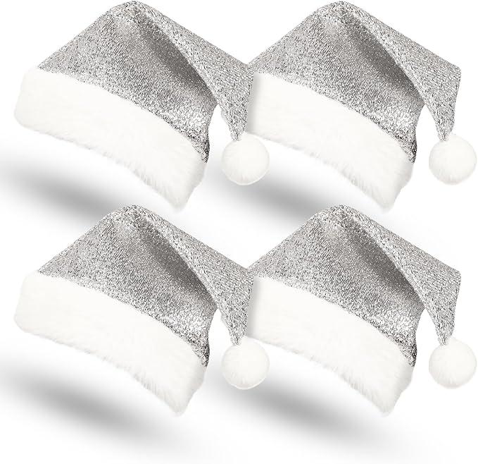 4 PCS Christmas Decorations Santa Hat for Adults Christmas Sequin Hat Xmas Santa Hats Cap for Costumes Holiday Party Supplies (Silver)