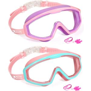 Water Space 2 Pack Swimming Goggles for Kids Boys Girls 3-15, Wide Vision Anti-fog UV Protection and Waterproof