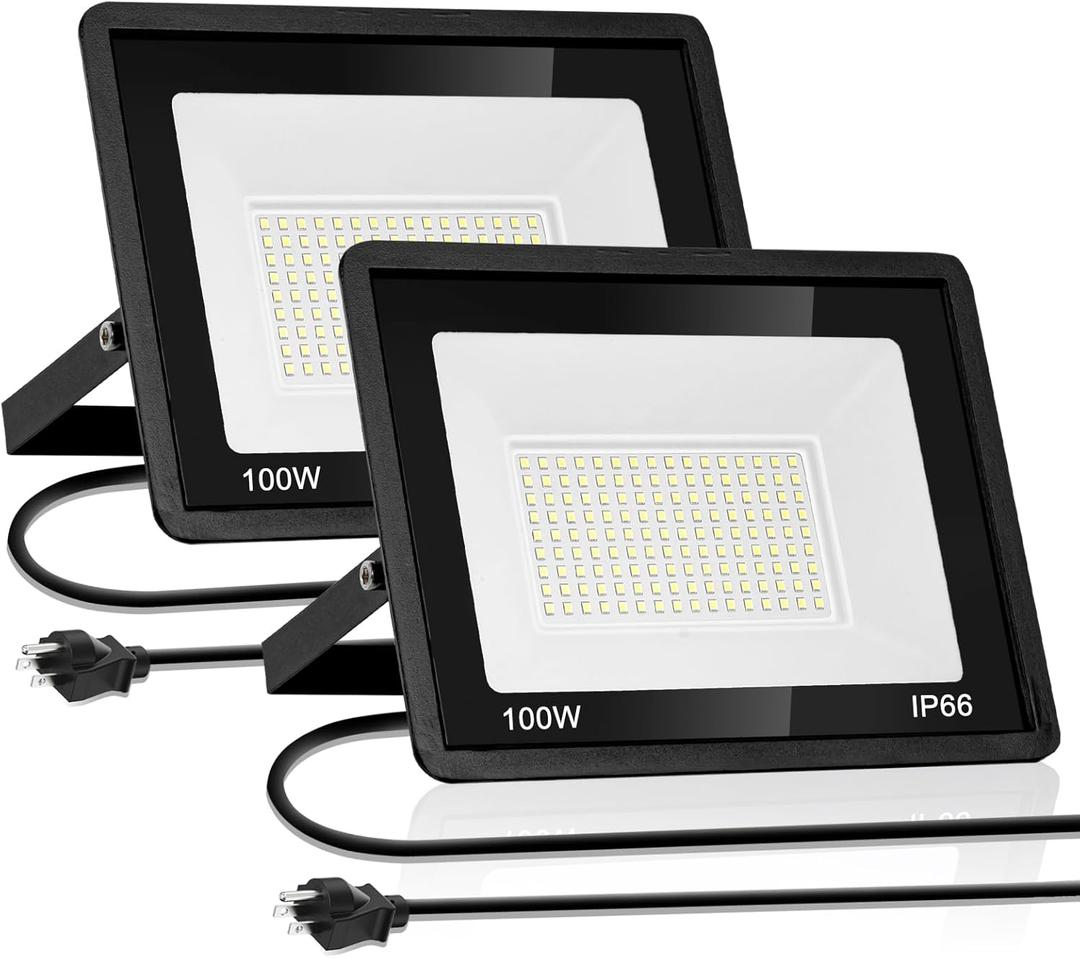 100W LED Outdoor Flood Light 2-Pack IP66 Waterproof Security Light with Plug Super Bright 6000K Daylight White Flood Lights Outdoor Linght for Arage, Yard, Garden, Stadium, Playground, Aren