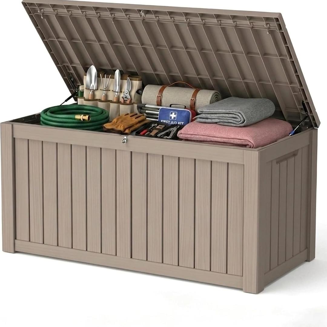 150 Gallon Outdoor Storage Box Resin Deck Box All Weather Waterproof Large Lockable Storage Container Deck Box for Patio Furniture, Garden Tools, Lockable, Gray New