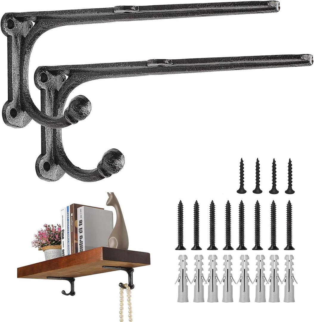 8 Inch Shelf Brackets Heavy Duty 2 Pack, Cast Iron Shelf Brackets with Hooks, Rustic Wall Brackets for Wood Shelves