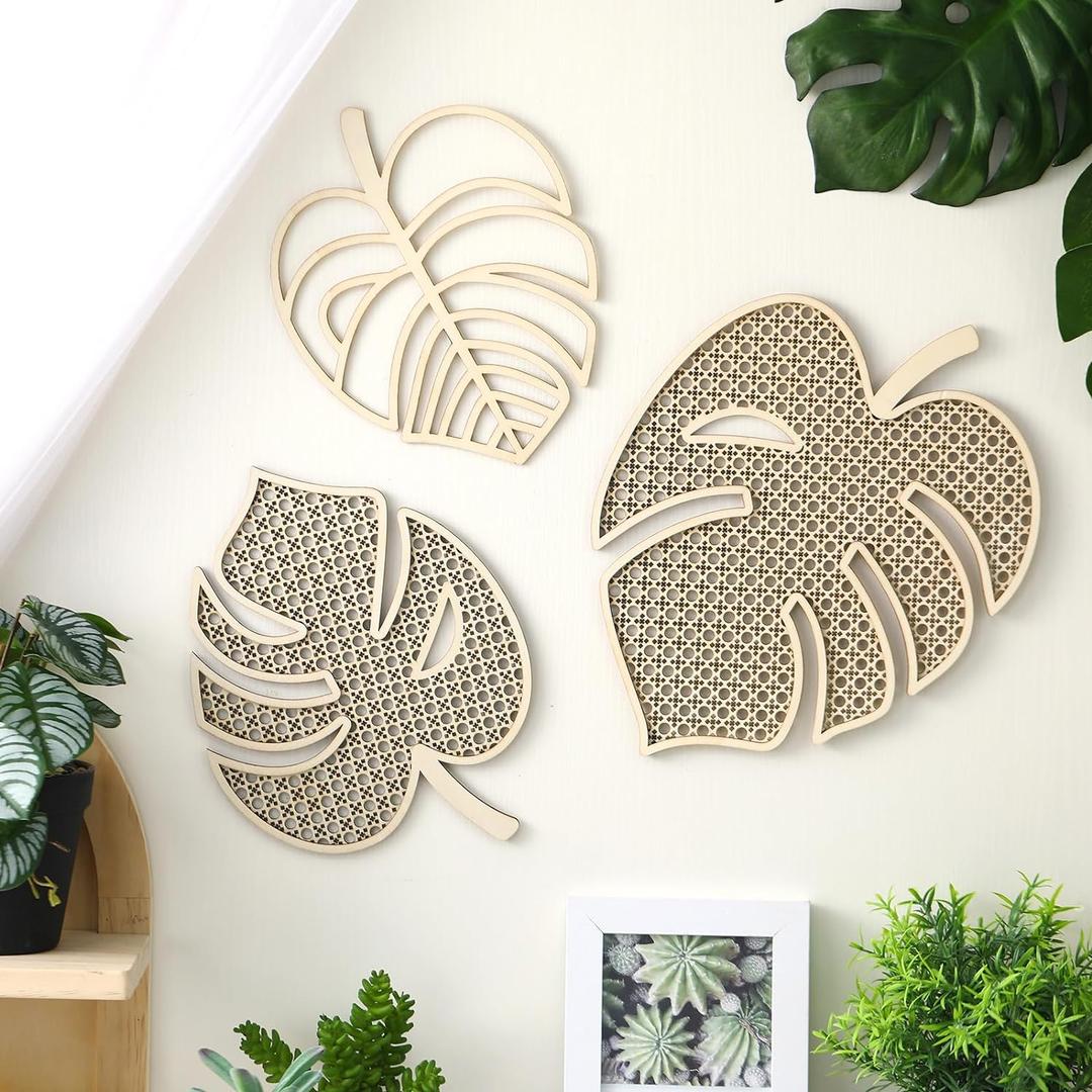 3 Pcs Wooden Rattan Palm Tree Wall Decor Monstera Leaf Wooden Boho Art Tropical Plant Rattan Wall Decor for Home Bathroom (Wood Color)