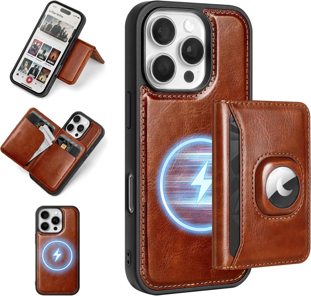 HawkBox 2-in-1 Detachable Compatible with Magsafe iPhone 16 Pro Max Case Wallet AirTag Holder Women Men,Luxury PU Leather Phone Case Shockproof Protector Cover Credit Card Slot Kickstand,Brown