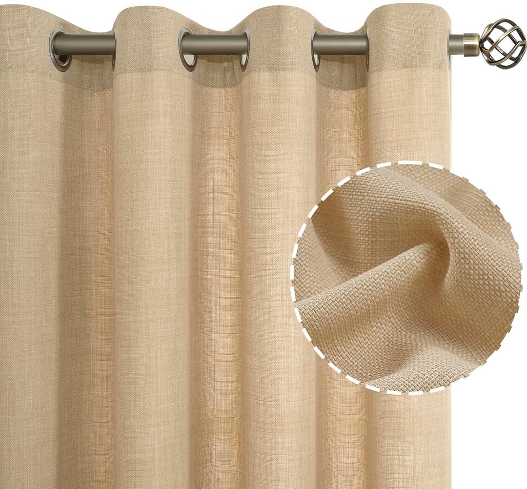 LAMIT Light Filtering Linen Curtains 63 Inch Length 2 Panels Set, Grommet Thick Linen Bedroom Drapes Privacy Window Burlap Curtains for Farmhouse/Living Room, 52 x 63 Inch, Natural Tan