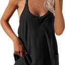 Womens Workout Romper Dress with Shorts Underneath Sleeveless Spaghetti Straps Athletic Outfits Casual Vacation (Large, Black)