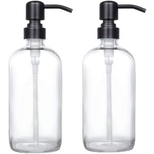 2 Pack Thick Clear Glass Pint Jar Soap Dispenser with Matte Black Stainless Steel Pump, 16ounce Clear Boston Round Bottles Dispenser with Rustproof Pump for Essential Oil, Lotion Soap
