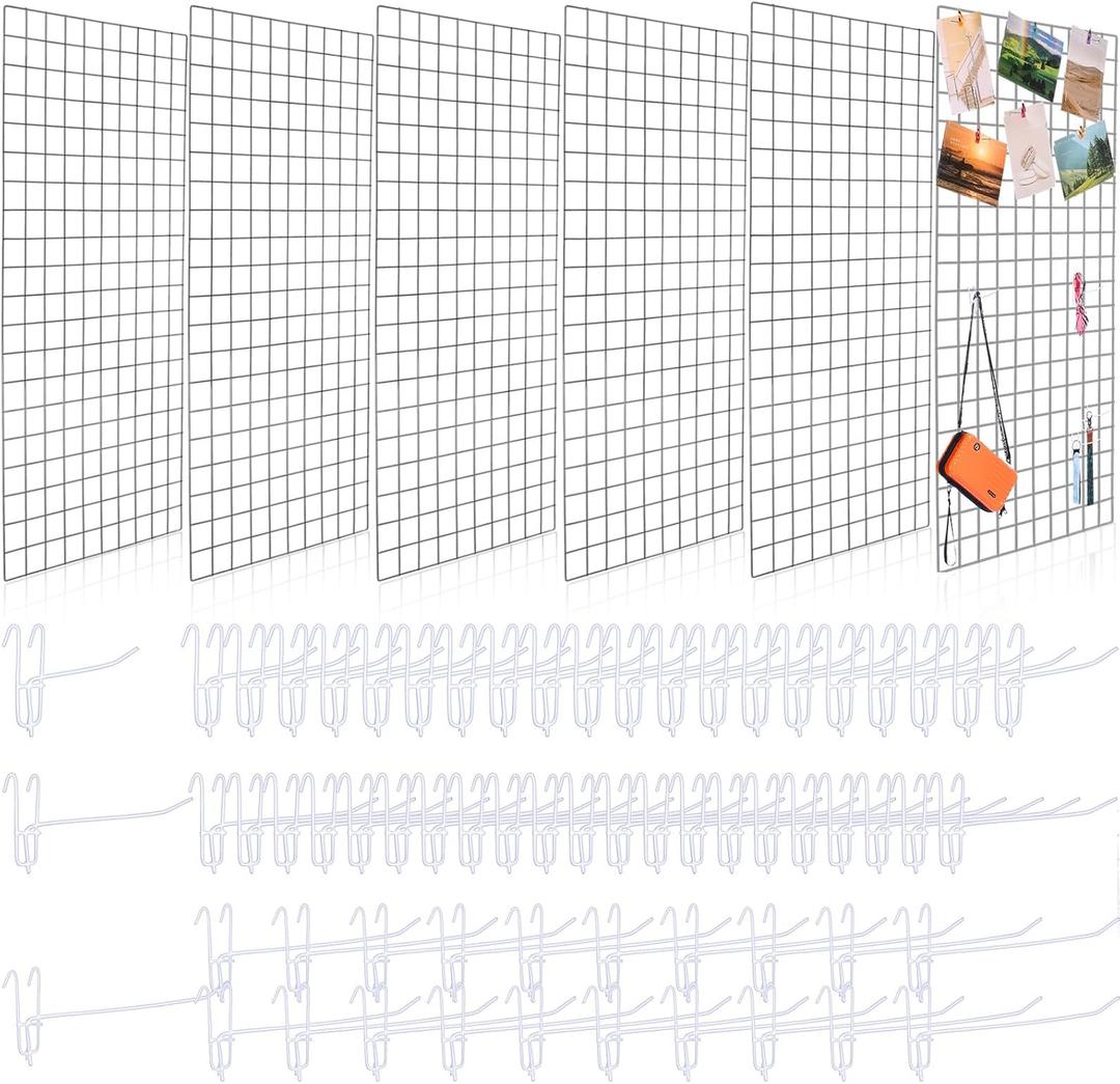 Hicarer 6 Pcs Commercial Grade Gridwall Panels for Display, Heavy Duty Wire Grid Wall Display Rack Metal Wall Mount Grid with 60 White Hooks for Retail Display Home Storage Vendor Events(2 x 4 ft)