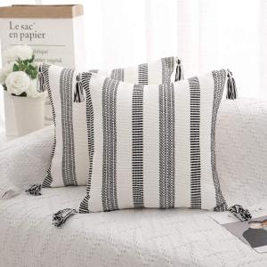 SEEKSEE Black White Stripes Decorative Square Throw Pillow Covers, Hand-Woven Throw Pillow Covers with Tassels, for Sofa, Bedroom, Living Room (Square 18 x 18 Inches,2pcs)
