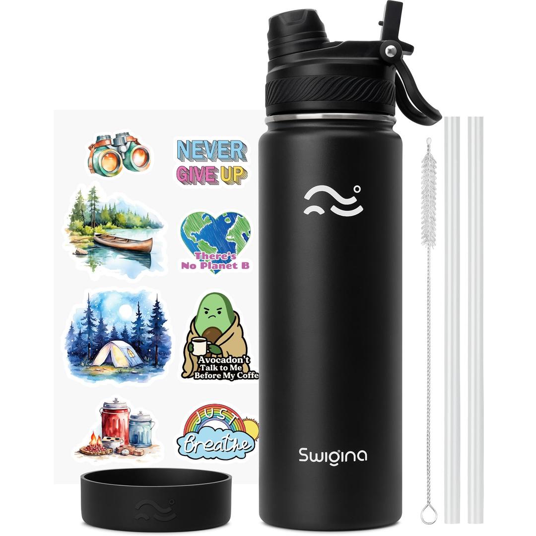 Swigina 64 oz Insulated Water Bottle with Silicone Boot (48hrs Cold/24hrs Hot) - DIY Stickers, Leakproof, BPA Free, Half Gallon [2-IN-1 LID]