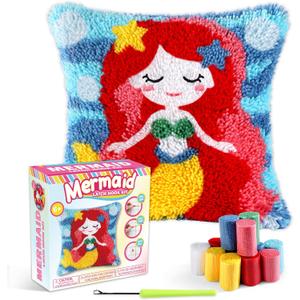 Mermaid Latch Hook Kit Under The Sea Theme Pillow DIY Valentine Craft for Adults Beginner Making Your Own Pillow Printed Pillowcase Crochet Yarn Art Handmade Cushion Christmas Gift for Sofa Decor