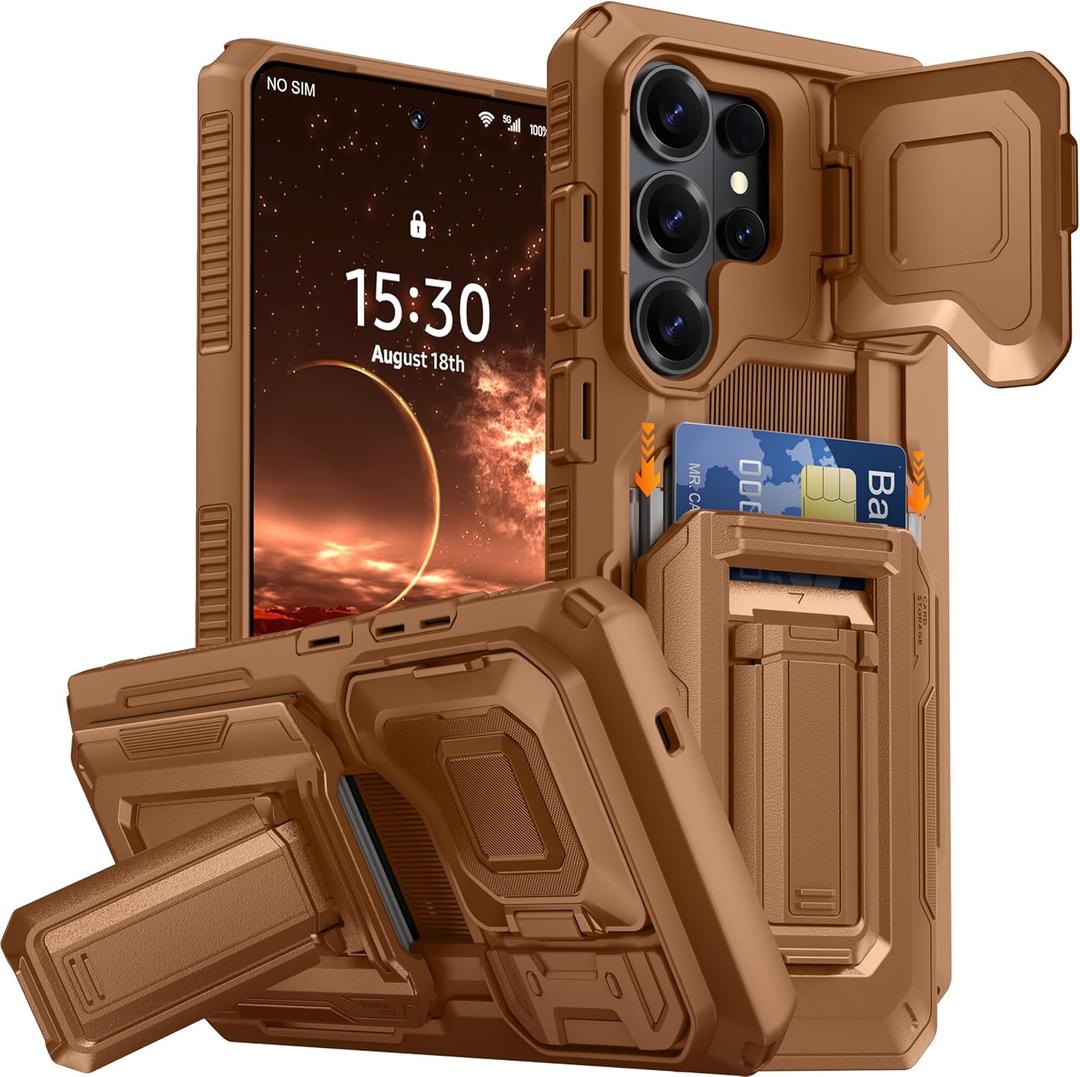 for Samsung Galaxy S26 Ultra Wallet Case with Card Holder & Kickstand & Full Camera Lens Cover, Military Grade Drop Shockproof Rugged Phone Case for S26 Ultra 6.9'', Brown