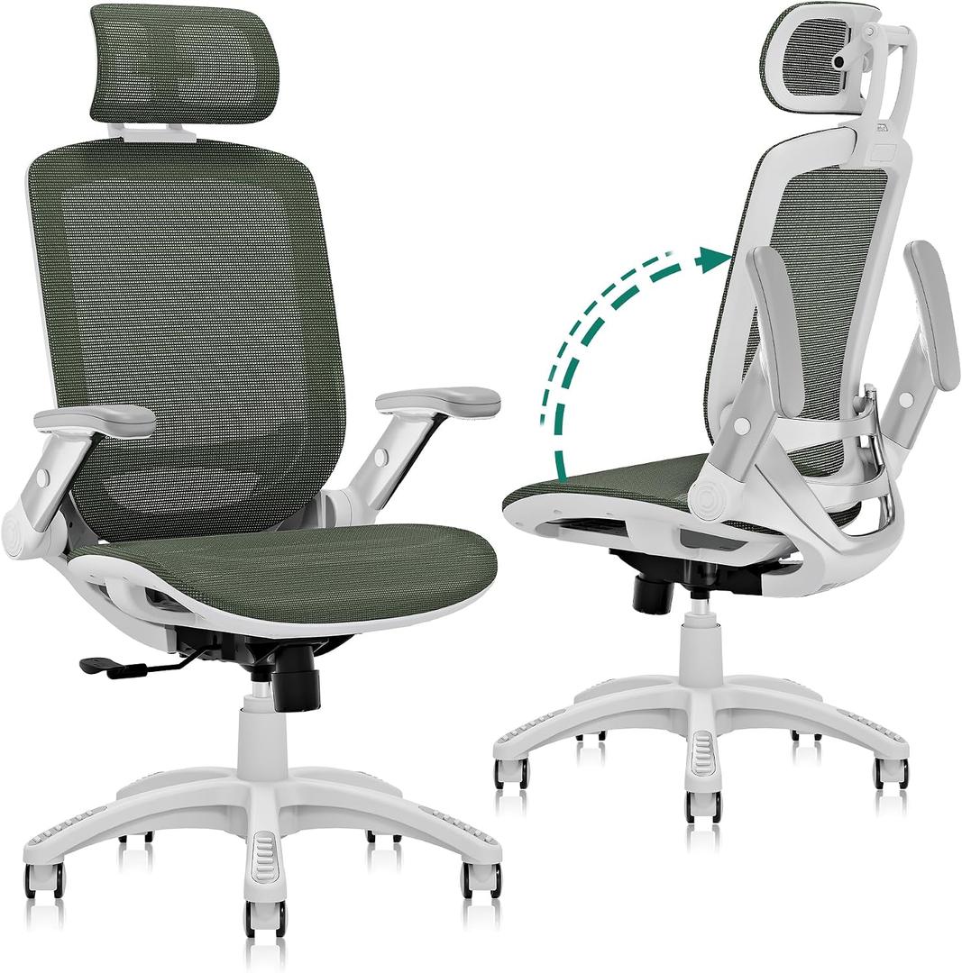 GABRYLLY Ergonomic Office Chair, High Back Home Desk Chair with Headrest, Flip-Up Arms, 90-120 Tilt Lock and Wide Cushion, 300LBS Mesh Chairs for Man Woman, White Task Chair(Olive Green,GY01WOG), Medium