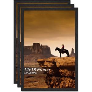 A PLUS MAX 12x18 Picture Frame Set of 3 Black Light Weight Wall Mount | 12 x 18 Inch Black Wood-grain Engineered Wood Material Frame for 12by18 Rectangular Photo Poster - 3 Packs/Black/12x18