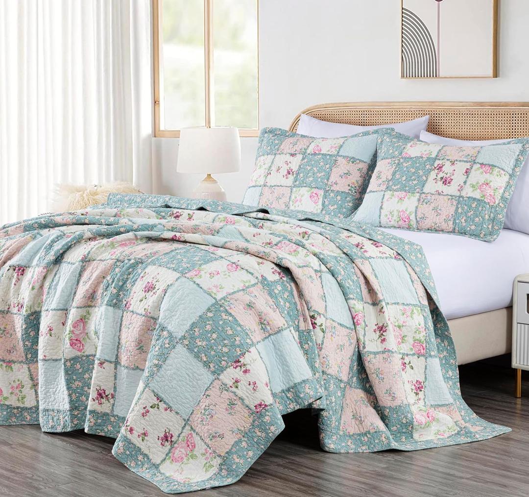 Chezmoi Collection Abbi 3-Piece Shabby Chic Bedding Oversized King Quilt Set Pre-Washed Cotton Floral Coverlet Bedspread Ruffled Patchwork Quilt, Oversized King Size