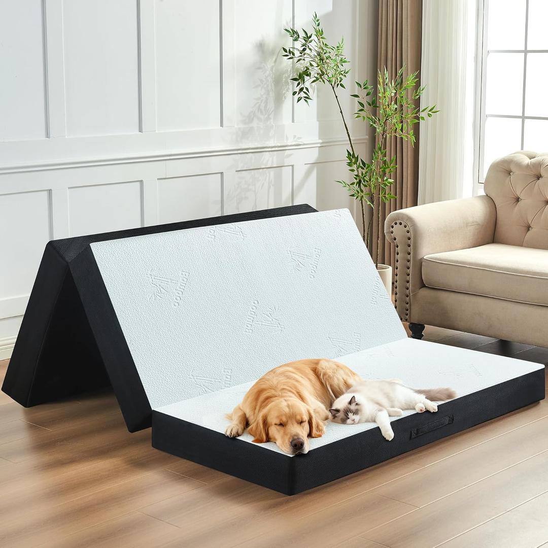 4 Inch Trifold Mattress, Queen Size Foldable Memory Foam Mattress with Viscose Derived from Bamboo Washable Cover, Folding Mattress Topper Floor Bed for Camping, Guest, RV, Ventilated