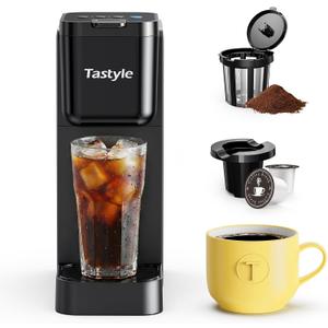 Tastyle Single Serve Coffee Maker for K Cup and Ground Coffee | Brew up to 16 Oz, Fits 7.3'' Travel Mug | Hot, Bold & Over Ice | Compact for Office, RV& Hotel, Classic Black (3.0 Version)