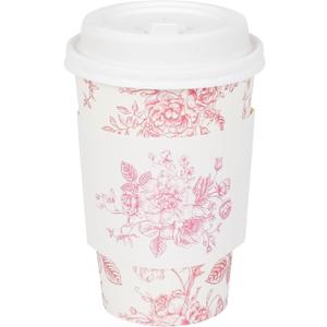 50Pcs Pink Floral Disposable Coffee Cups with Lids and Sleeves Pink White Chinoiserie Flower 12oz Hot Cold Paper Drinking Cup for Birthday Wedding Bridal Shower Party Supplies