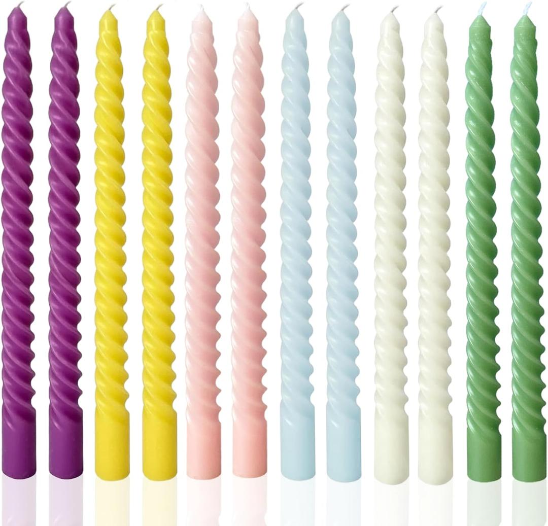 Colored Taper Candles Spiral Candle Sticks in Rainbow Colors,Unscented Pastel Candle for Holiday,Wedding and Home Decoration,10inch,12 Pack(E-6colored)