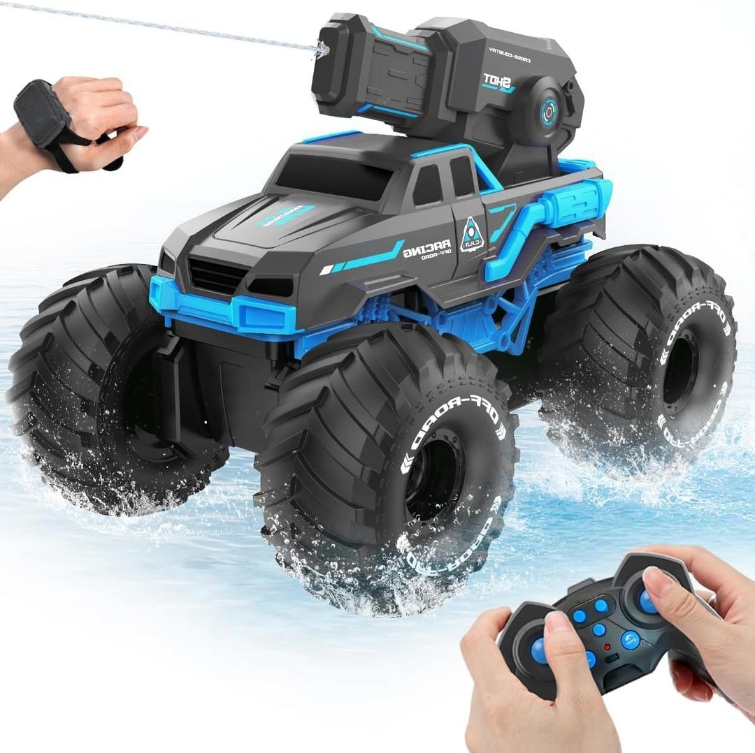 BEZGAR Remote Control Monster Truck, RC Boat Amphibious Cars Pickup Monstertruck with Shooting Water Gun - Pool Toys 4WD Waterproof All-terrian Off-Road Vehicles Gifts for Kids Boys Adults, Blue 