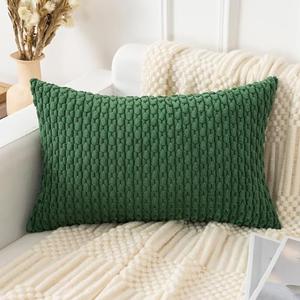 UGASA Christmas Soft Corduroy Decorative Pillow Cover 12x20 Inch Boho Striped Oblong Throw Pillow Cover Modern Home Decor for Sofa Living Room Couch Bed Dark Green, 1 Piece