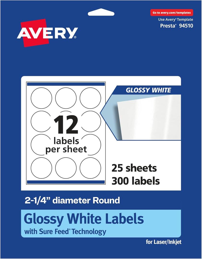 Avery Glossy White Round Labels, Sure Feed Technology, 2.25" Diameter, 300 Glossy White Labels, Print-to-The-Edge, Permanent Adhesive, Laser/Inkjet Printable
