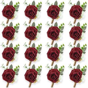 MTLEE 15 Pcs Burgundy Boutonniere for Men Rose Wedding Boutonniere with Pin Groom Groomsmen Buttonholes Man Suit Corsage for Vintage Wedding Ceremony Anniversary Dinner