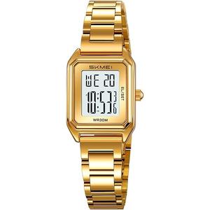 MASTOP Gold Digital Watch for Women Square Stainless Steel Waterproof LED Watch with Date, Alarm, Stopwatch, Countdown (Gold White)