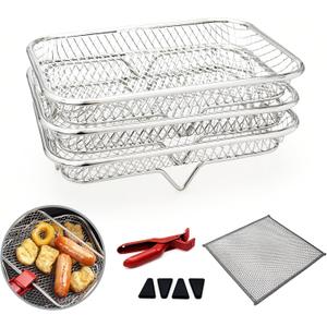 Air Fryer Rack Set of 3, Stackable Stainless Steel Air Fryer Basket Accessories, Deep Dehydrator Racks Frying Baskets for Baking Roasting, Oven & Dishwasher Safe (Rectangle), 7.68inch