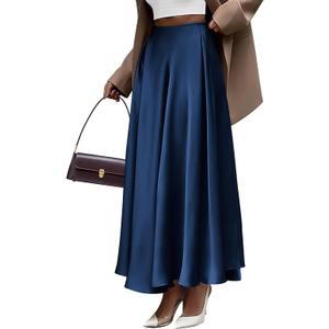 BTFBM High Waisted Skirts for Women Fall Clothes 2025 Elegant Satin Flowy A-Line Cocktail Formal Night Out Maxi Skirt, M, Navy