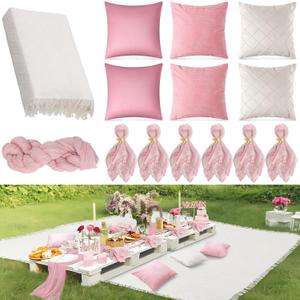118 x 71" Extra Large Outdoor White Picnic Blankets with Pink Tulle Table Runner Cheesecloth Napkins Plush Throw Pillow Covers Oversize Beach Blanket Essentials for Wedding Picnic Camp(Stylish,14)
