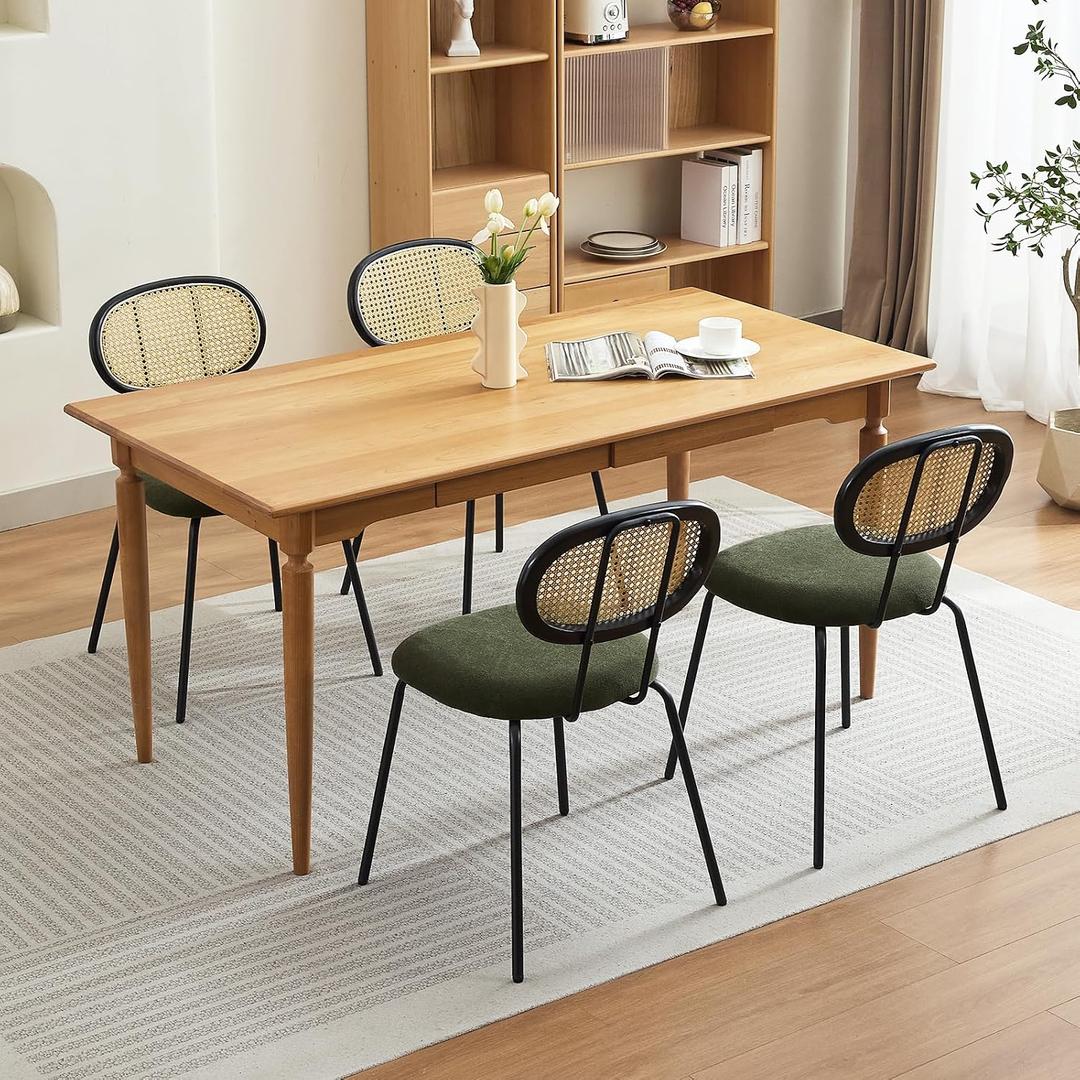GarveeHome Dining Chairs Set of 4, Mid-Century Modern Velvet Upholstered Dining Room Chairs with Rattan Backrest & Sturdy Metal Legs, Perfect for Kitchen, Living Room, Reception, Green