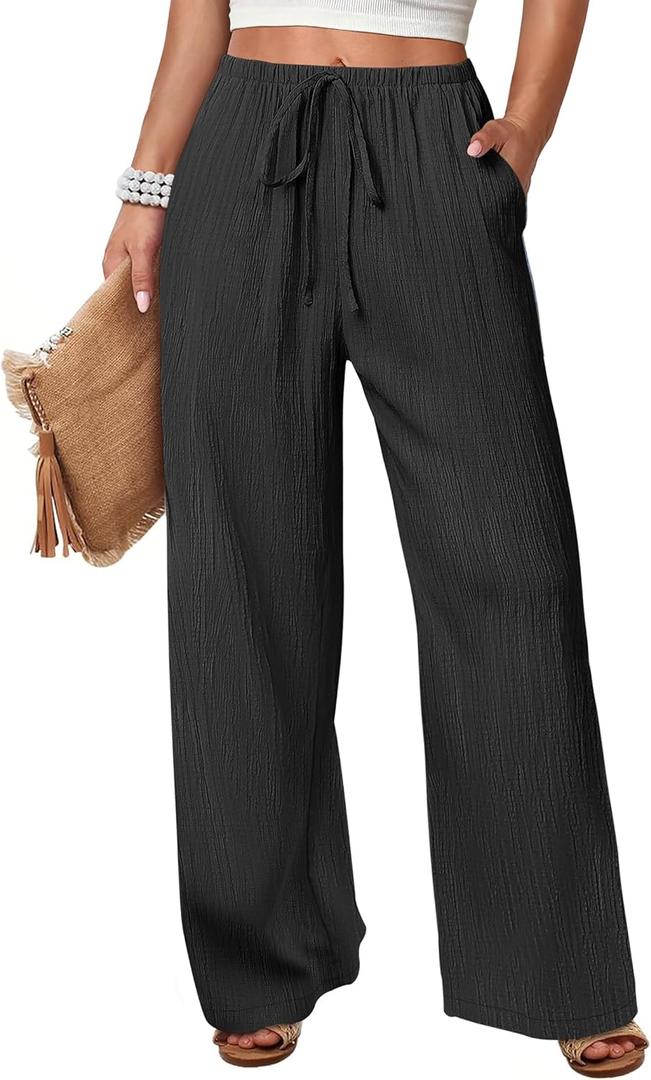 ANRABESS Women's Wide Leg Beach Pants Elastic Waist Lightweight Casual Flowy Palazzo Lounge Trousers with Pockets (X-Large, Black)