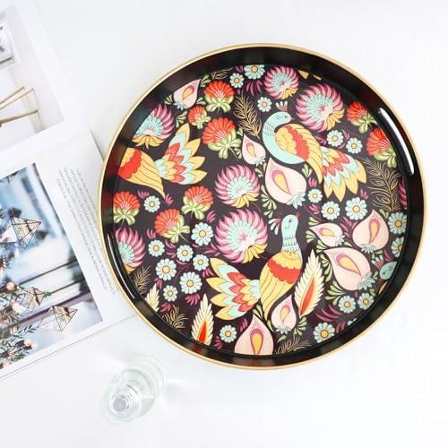 Spsyrine Decorative Serving Tray with Handles, Lacquered Coffee Table Tray for Ottoman, Round Waterproof Platters for Centerpieces, Parties, Living Room, Kitchen Counter Organization Peacock, 12-inch (30 cm)