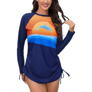 Halcurt Women's Long Sleeve Rash Guard Swim Shirt with Tie Drawstring UPF 50+ Sun Protection Swimsuit Top (Blue, L)