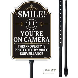 Smile Youre On Camera Sign, This Property Is Protected By Video Surveillance with 34.6" Stake for Yard, 12 x 8 Video Surveillance Sign, Smile Camera Signs, Rust-Free Aluminum, Weatherproof, Easy Installation, 1 Pack