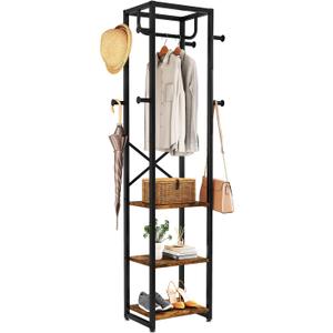 IBUYKE Coat Rack with Shelves, Freestanding Hall Tree with 3 Shelves and 8 Hooks, Industrial Clothes Stand for Entryway, Hallway, Bedroom, Rustic Brown UTMJ088H