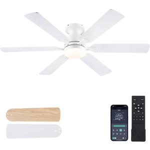 Ceiling Fans with Lights- 52" Low Profile Indoor Ceiling Fan with Light and Remote/APP Control, Flush Mount, 6 Blade, LED Dimmable DC Reversible Modern Ceiling Fan for BedroomWhite