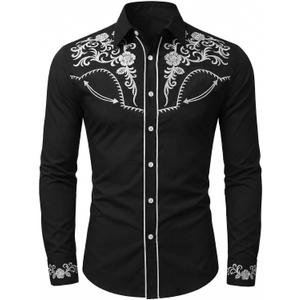 Men's Cowboy Shirt Embroidered Western Shirts Long Sleeve Slim Fit Button Down Shirt Casual Work Country Rodeo Outfit