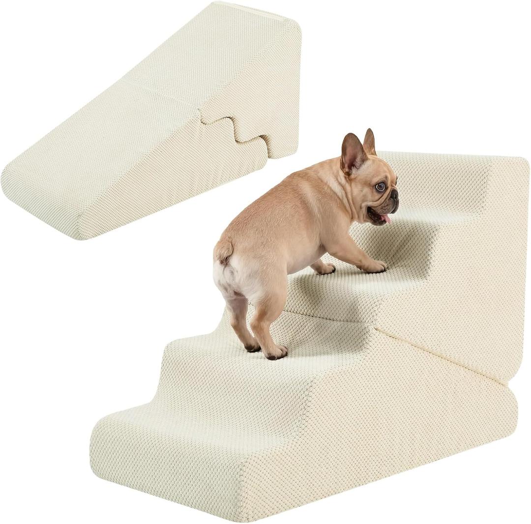 Dog Ramp for Bed, 23" H Dog Stairs for High Bed, 2 in 1 Pet Steps for Small Dogs, 5-Step Foldable Transformable Large Cats Ramp to Get on Couch, Non-Slip Balanced, Beige