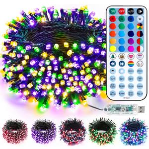 Brizled Color Changing Christmas Lights, 33ft 100 LED RGB Mard Gras Light String with Remote, Dimmable Mini Light String, USB Indoor Decorative Lighting Party Xmas Tree Wreath Year-Round Holiday