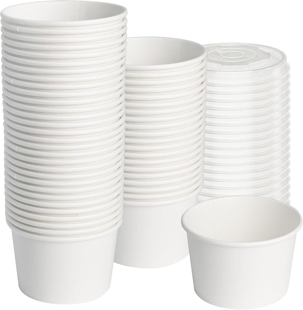 ESSENTIAL Paper Ice Cream Cups with Lids, 50pcs 8oz Disposable Dessert Bowls with Lids for Hot or Cold Food, Paper Snack Containers for Sundae, Frozen Yogurt, Soup (White)