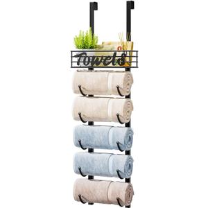 HapiRm Bathroom Towel Rack Holder - 6-Tier Over The Door & Wall Mount Rolled Towel Storage Organizer with Metal Shelf Basket for Small Bathroom, Camper, Rv - Black