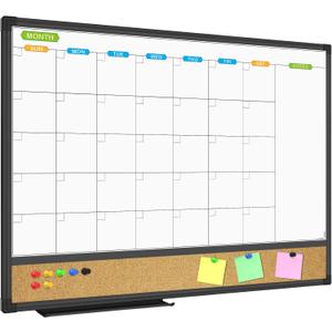 JILoffice Magnetic Calendar Whiteboard & Bulletin Corkboard Combination, Combo Board 24 x 18 Inch, Black Aluminum Frame Wall Mounted Board for Office Home and School with 10 Push Pins